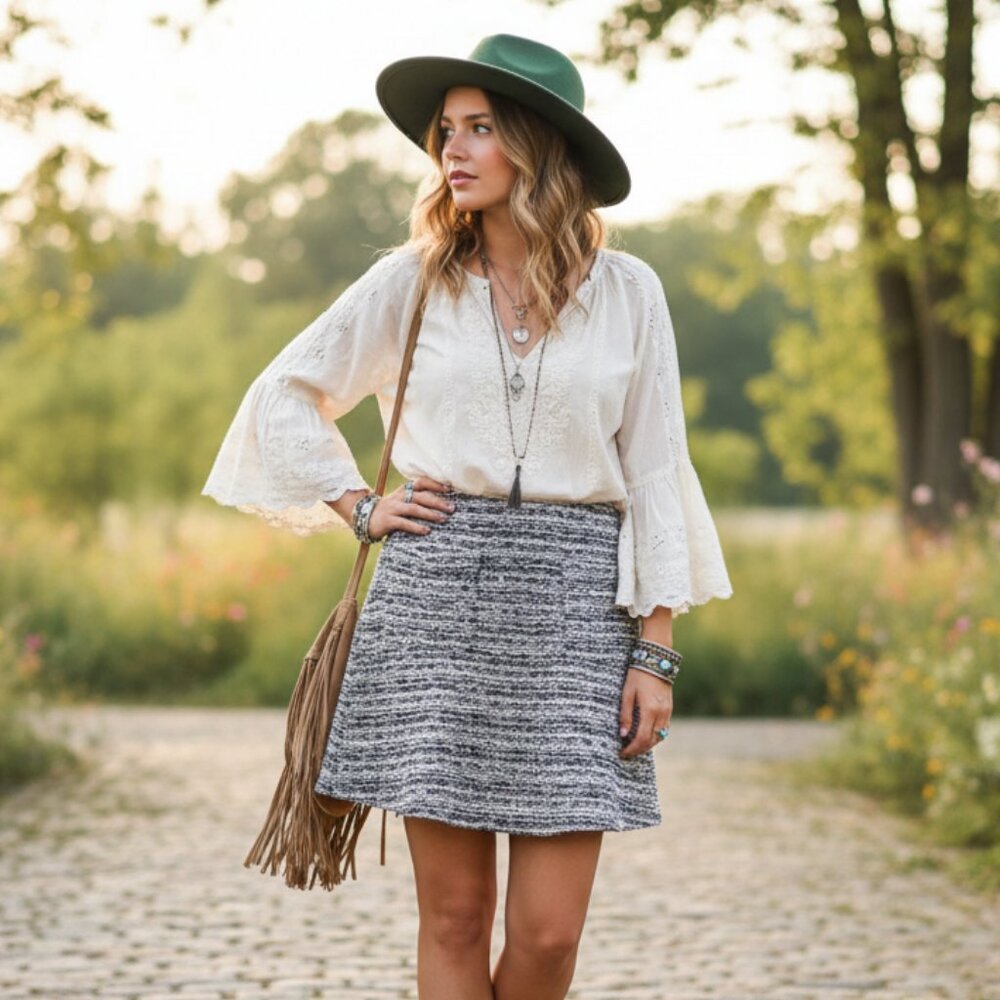 Loft M White Black Multi Tweed Boucleā Pocket Swing Skirt Cottage Coastal Boho